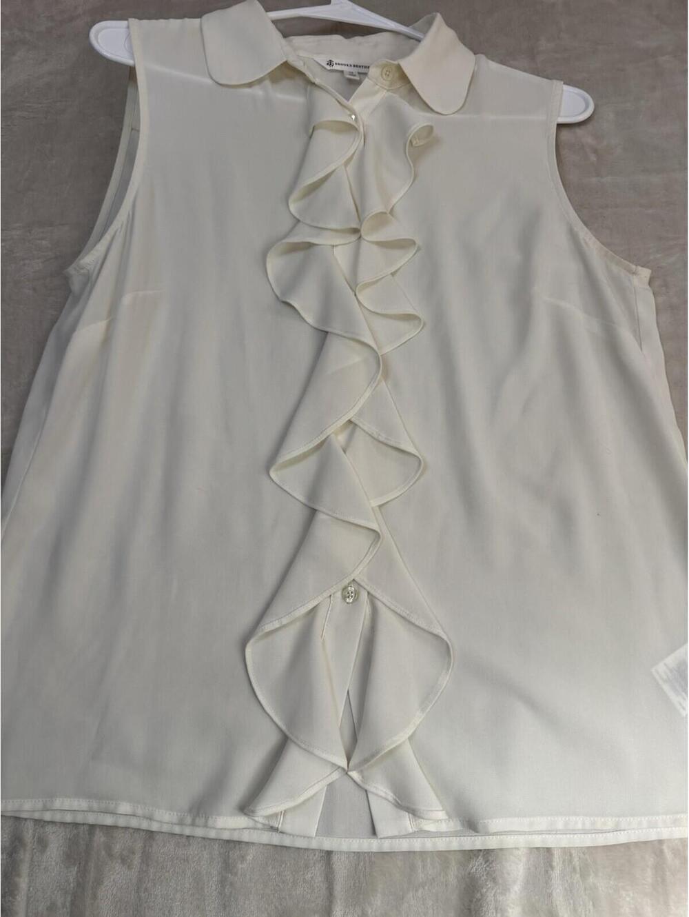 Brook Brothers Womens 10 Ivory Ruffle Front Sleeveless White Blouse Collared Top - Picture 6 of 11